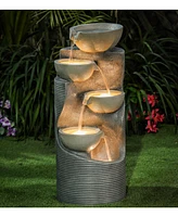 LuxenHome Modern Gray Resin Tiered Bowls Outdoor Fountain with Lights