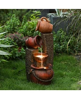 LuxenHome Rustic Resin Pots and Posts Outdoor Fountain