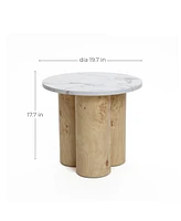 LuxenHome Burl Wood Finish Manufactured Wood 17.7-Inch Tall Round End and Side Table with Faux Marble Top