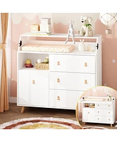 Foldable multi-purpose changing table, baby changing station with multiple storage compartments and drawers, white wood