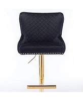 Velvet Adjustable Bar Stool with Tufted Backrest Lion Head Ring and Gold Metal Base for Kitchen Island Dining Room or Home Set of 1-The Pop