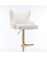 Velvet Adjustable Bar Stool with Tufted Backrest Lion Head Ring and Gold Metal Base for Kitchen Island Dining Room or Home Set of 1-The Pop