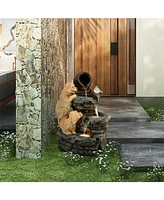 LuxenHome Puppy Rock Tower Farmhouse Resin Outdoor Fountain with Lights