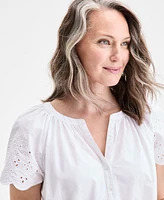 Style & Co Petite Eyelet Embroidered Cotton Flutter-Sleeve Top, Exclusively at Macy's
