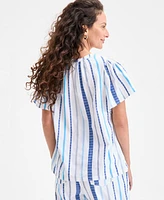 Style & Co Women's Cotton Stripe Split-Neck Flutter-Sleeve Top, Exclusively at Macy's
