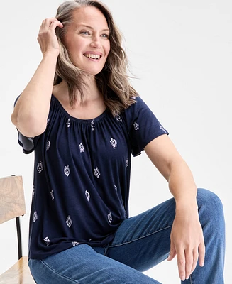 Style & Co Women's Printed Shirred Scoop-Neck Top, Exclusively at Macy's