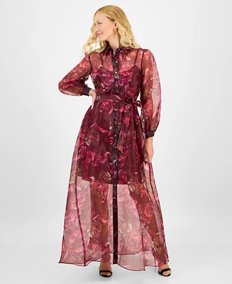julia jordan Women's Printed Button-Front Long-Sleeve Gown