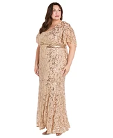 R & M Richards Plus Sequin Embellished Flutter-Sleeve Gown