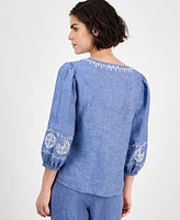 Charter Club Women's Embroidered 100% Linen Top, Exclusively at Macy's