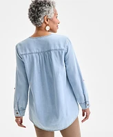 Style & Co Women's Cotton Denim Split-Neck Popover Top, Exclusively at Macy's