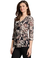 Jones New York Women's Printed D-Ring 3/4-Sleeve Top
