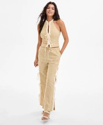 Avec Les Filles Womens Mandarin Collar Halter Top Side Tie Straight Leg Pants