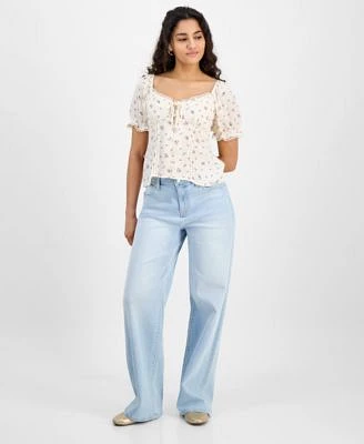 Planet Heart Juniors Sweetheart Neck Puff Sleeve Top Celebrity Pink Wide Leg Elastic Back Jeans