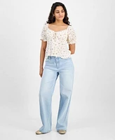 Planet Heart Juniors Sweetheart Neck Puff Sleeve Top Celebrity Pink Wide Leg Elastic Back Jeans