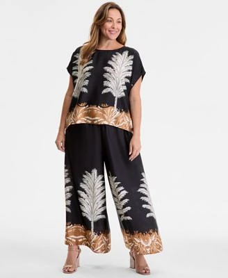 Vince Camuto June Hero Look Plus Size Placed Print Boat Neck Caftan Blouse Printed Pull On Wide Leg Pants