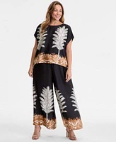 Vince Camuto June Hero Look Plus Size Placed Print Boat Neck Caftan Blouse Printed Pull On Wide Leg Pants
