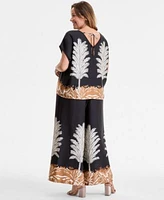 Vince Camuto June Hero Look Plus Size Placed Print Boat Neck Caftan Blouse Printed Pull On Wide Leg Pants