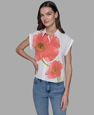 Karl Lagerfeld Paris Petite Big Flower Print Button-Front Blouse