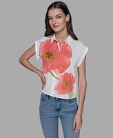 Karl Lagerfeld Paris Petite Big Flower Print Button-Front Blouse