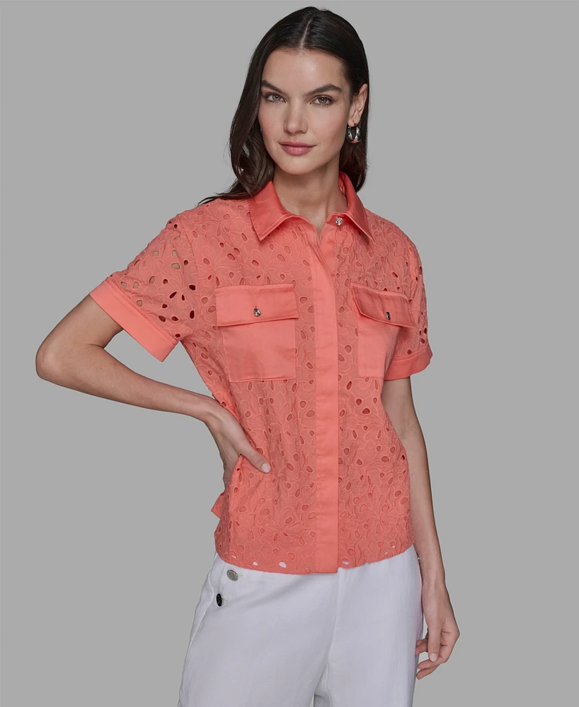 Karl Lagereld Paris Petite Eyelet Button-Front Blouse