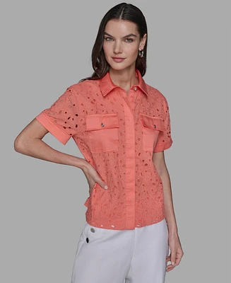 Karl Lagereld Paris Petite Eyelet Button-Front Blouse