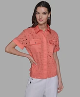 Karl Lagereld Paris Petite Eyelet Button-Front Blouse