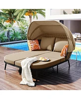 74.8" L Patio Daybed with Retractable Canopy, Outdoor Rattan Pe Wicker Back Loveseat Sofa Set with Throw Pillows and Cushions