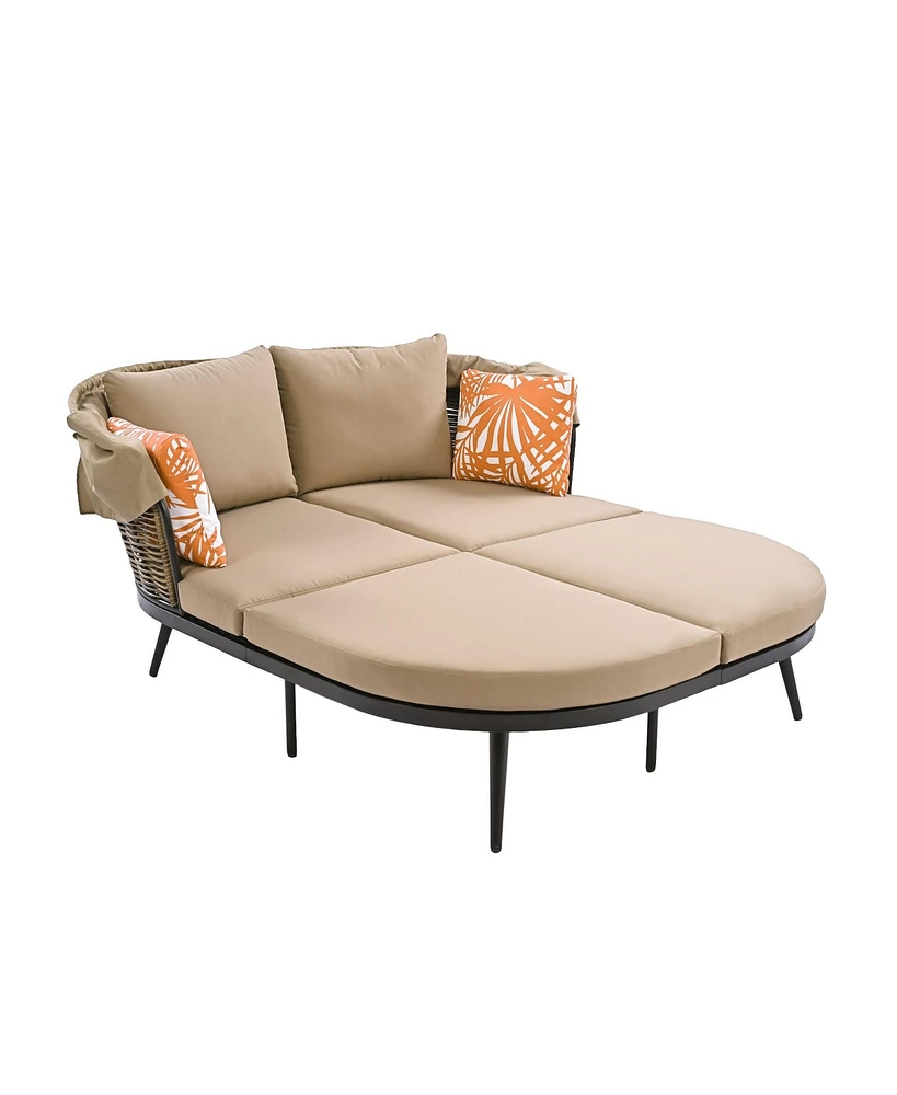 74.8" L Patio Daybed with Retractable Canopy, Outdoor Rattan Pe Wicker Back Loveseat Sofa Set with Throw Pillows and Cushions