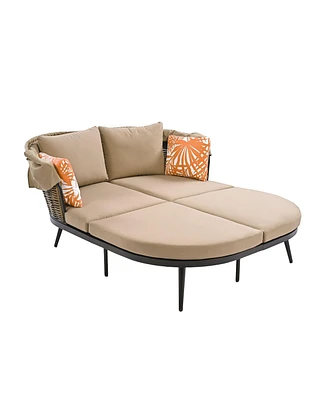 74.8" L Patio Daybed with Retractable Canopy, Outdoor Rattan Pe Wicker Back Loveseat Sofa Set with Throw Pillows and Cushions