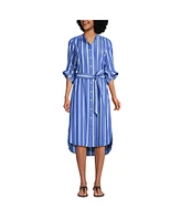 Lands' End Women's Poplin Oversized Puff Sleeve Midi Shirt Dress