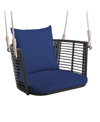Single Person Hanging Seat with Woven Rattan Backrest for Backyard