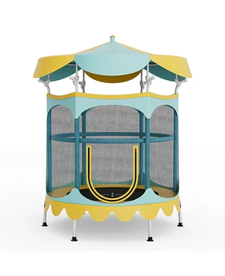 64 Inch Kids Trampoline with Detachable Canopy and Safety Enclosure Net