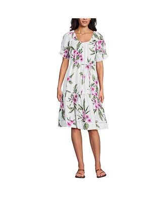 Lands' End Women's Puff Sleeve Pleated Linen Knee Length Dress