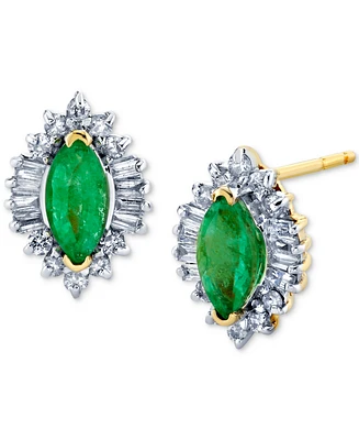 Emerald (3/4 ct. t.w.) & Diamond (3/8 ct. t.w.) Baguette Halo Stud Earrings in 10k Gold