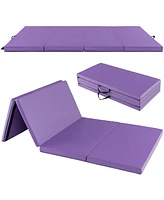 Folding Gymnastics Mat with Carry Handles and Sweatproof Detachable Pu Leather Cover-Purple
