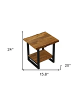 Industrial Solid Wood & Iron Square End Table with Lower Shelf