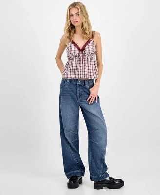 Madden Girl Juniors Plaid Ribbon Babydoll Tank Tinseltown Wide Barrel Leg Jeans