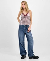Madden Girl Juniors Plaid Ribbon Babydoll Tank Tinseltown Wide Barrel Leg Jeans