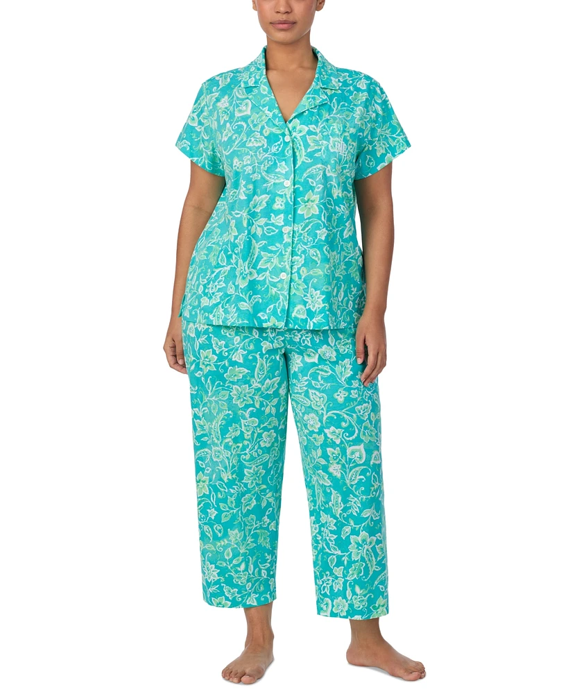 Lauren Ralph Plus Short-Sleeve Notch-Collar Cropped Pajama Set