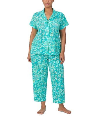 Lauren Ralph Plus Short-Sleeve Notch-Collar Cropped Pajama Set
