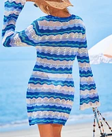 Cupshe Women's Rolling Waves Blue Cover-Up Mini Beach Dress