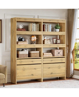 Tribesigns Modern 71" Tall Book Shelf Set of 2, Bookshelf with File Cabinet and Drawers, Oak Bookcase with Storage for Home Office, Living Room