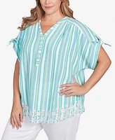 Ruby Rd. Plus Scalloped Stripe Embroidered Tie Sleeve Top
