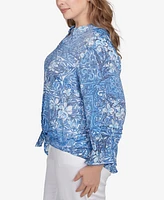 Ruby Rd. Plus Silky Floral Tile Button Tie Front Top