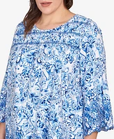Ruby Rd. Plus Oceanic Paisley Embroidered Crew Neck Top