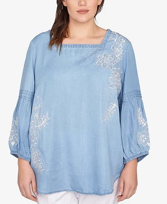 Ruby Rd. Plus Floral Embroidered Tencel Top