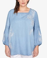 Ruby Rd. Plus Floral Embroidered Tencel Top