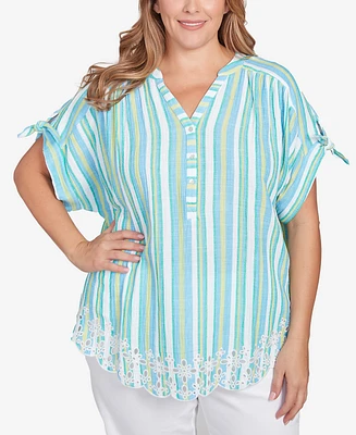 Ruby Rd. Plus Scalloped Stripe Embroidered Tie Sleeve Top