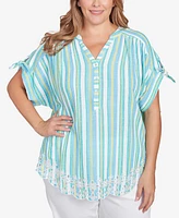 Ruby Rd. Plus Scalloped Stripe Embroidered Tie Sleeve Top