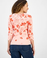 Style & Co Petite Floral Spark Printed Pima Cotton 3/4-Sleeve Top, Exclusively at Macy's